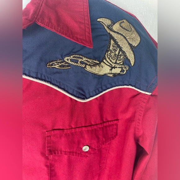 Vintage High Noon Red XL Western Shirt w Embroidered Cowboy Design & Pearl Snaps - Picture 2 of 5